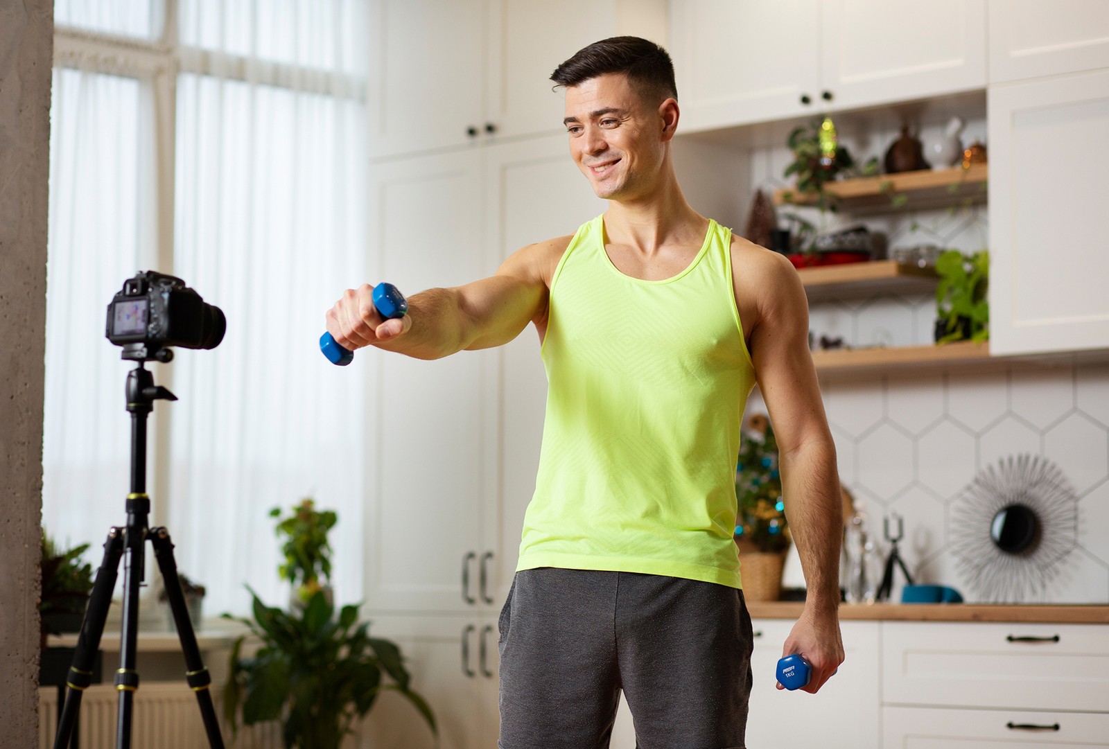 A fitness creator recording a workout